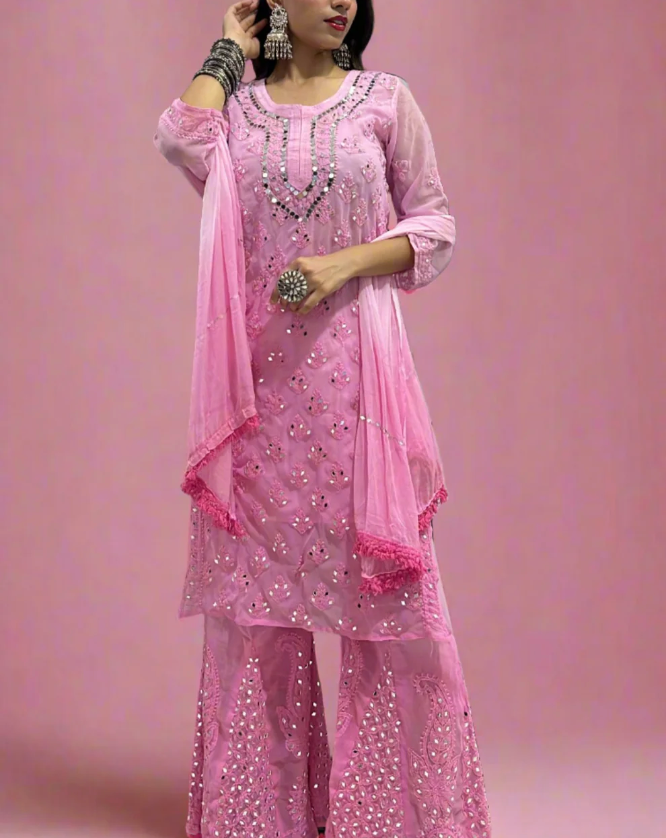 Pink Chikankari Ombré Mirror Set - Kurti, Sharara & Dupatta