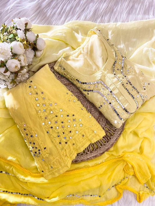 Yellow Chikankari Elegance Ombré Mirror Set