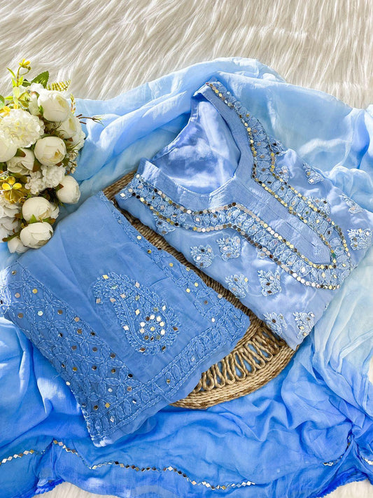 Blue Chikankari Elegance Ombré Mirror Set - Kurti, Sharara & Dupatta