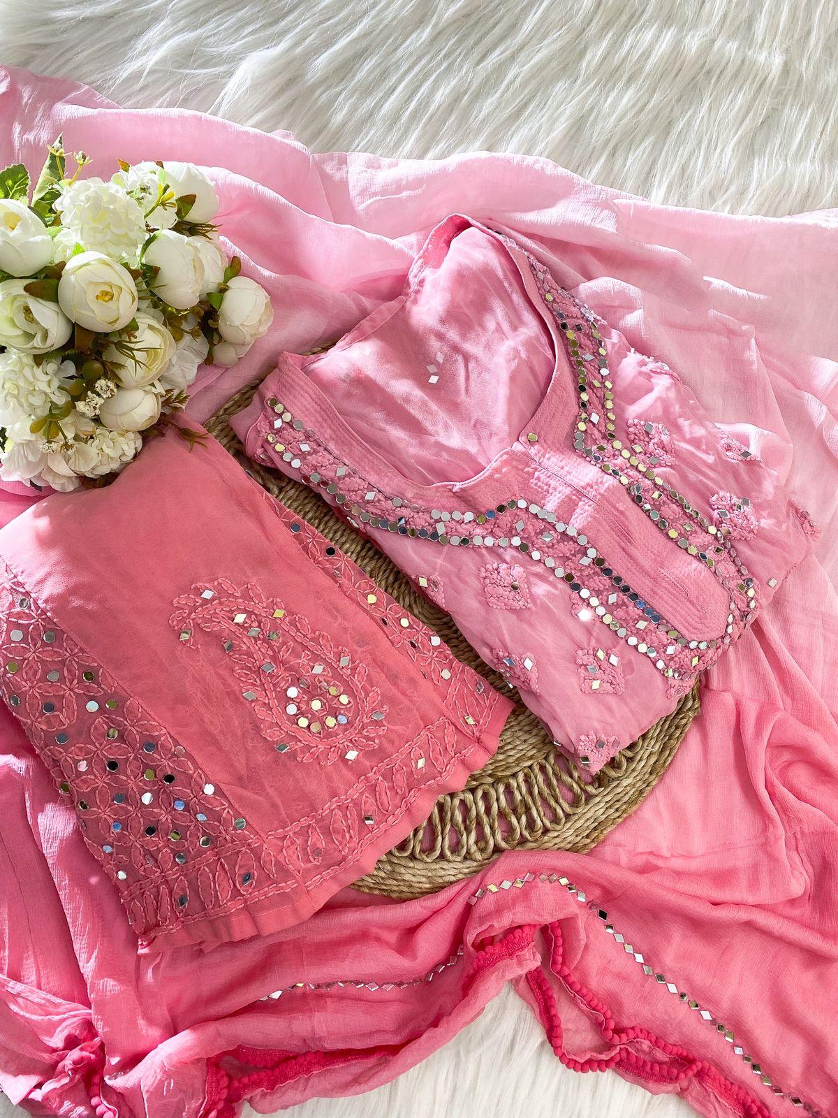 Pink Chikankari Ombré Mirror Set - Kurti, Sharara & Dupatta